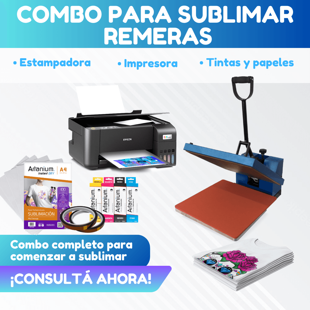 Combo REMERAS: Estampadora Plana de 38x38 + Impresora Epson + Tintas + Papel + Cinta Térmica